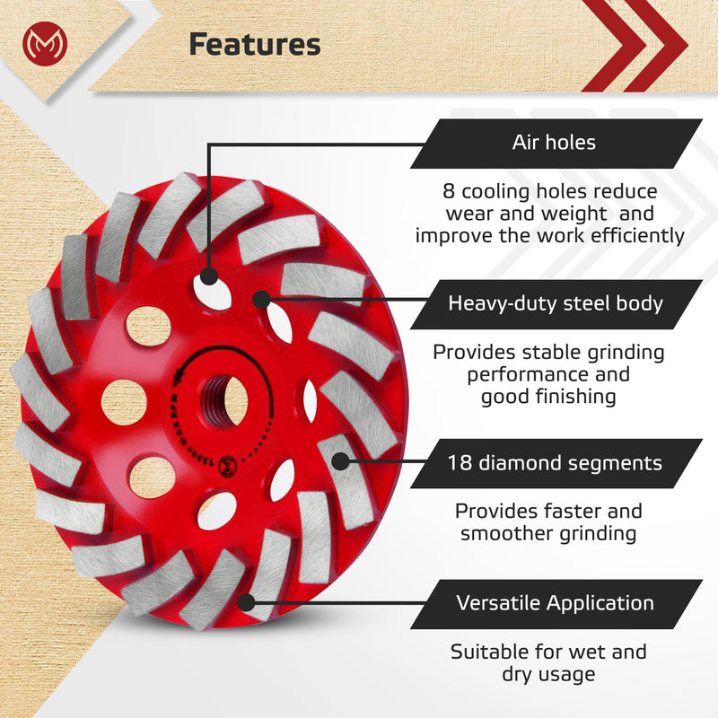 Diamond Grinding Wheel 4 1/2 inch for Angle Grinder, Concrete Grinding Wheel 18 Segments, Cup Grinding Wheel, Turbo Row Diamond Cup Wheel for Grinding Concrete, Cement, Masonry - Medium Bond