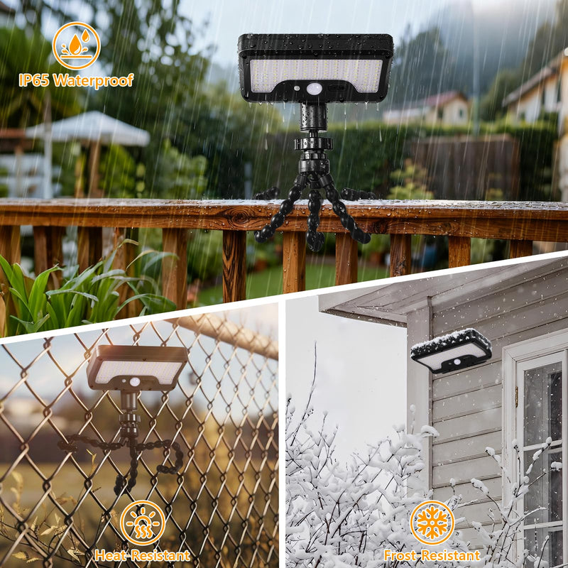 Solar Motion Lights Outdoor with Flexible Octopus Tripod, USB & Solar Powered Motion Sensor Lights with 92 LEDs(600LM,3000K), IP65 Waterproof Motion Activated Light for Fence, Camping, Gutter(2 Pack) Black/Warm Yellow（3000K） 2 Pack/Octopus Tripod