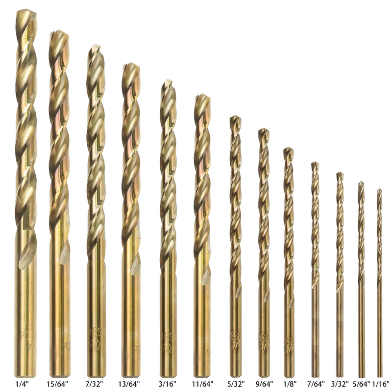 13Pcs Cobalt Drill Bits Set, M35 HSS 135 Degree Tip, Twist Jobber Length Drill Bit Kit for Hardened Metal, Cast Iron, Stainless Steel, Plastic and Wood with Storage Case 1/16"-1/4" 13 pcs Cobalt