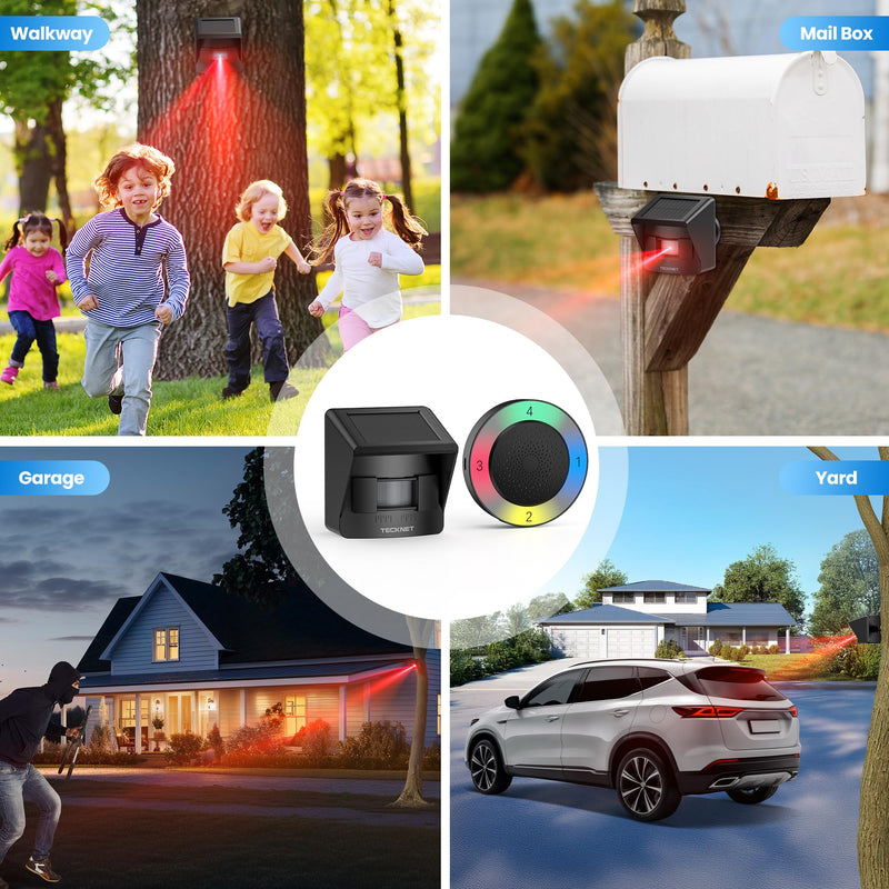 TECKNET Solar Wireless Driveway Alarm with 2600FT Long Range & 36 Melodies & 5 Volumes and Supports 4 Zones Weatherproof Motion Sensor Alarm to Protect Inside/Outside Property (1 Receiver 1 Sensor) RGB Receiver and Sensor