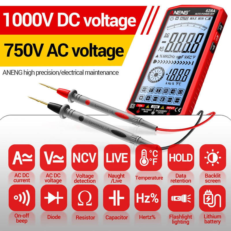 ANENG Multimeter,Digital Voltmeter Tester,TRMS 6000 Counts Rechargeable Meter Measures AC/DC Voltage,Current,Resistance,Capacitance,Temperature,Hz,NCV,Diode,Continuity Auto Ranging Electircal Tools Red
