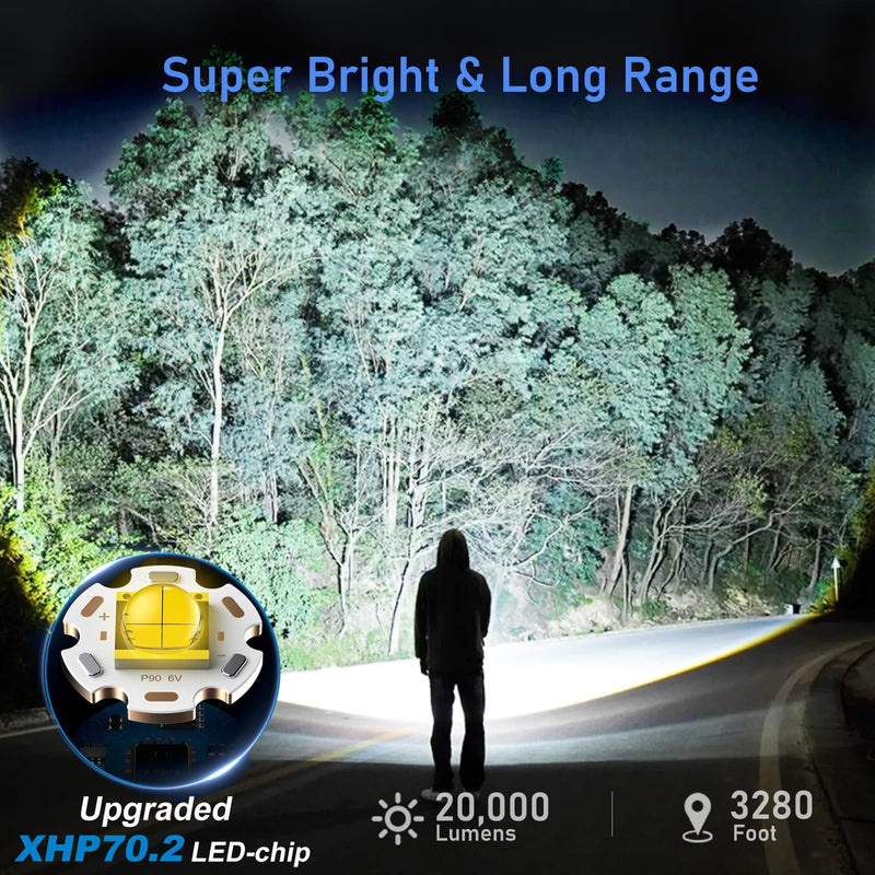 Flashlights LED High Lumens Rechargeable, Goreit 20,000 Lumens XHP70.2 Super Bright Flashlight, Flash Light Battery Powered, Powerful Handheld Flashlight with holster for Emergency Camping Hiking Gift Black