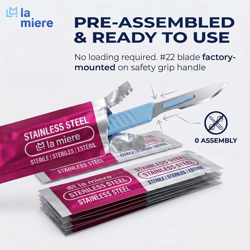 LA MIERE 10-Pack Disposable Surgical Scalpel (#22) Knives, Sterile Stainless Steel Blades, Plastic Handles, Individually Foil Wrapped #22