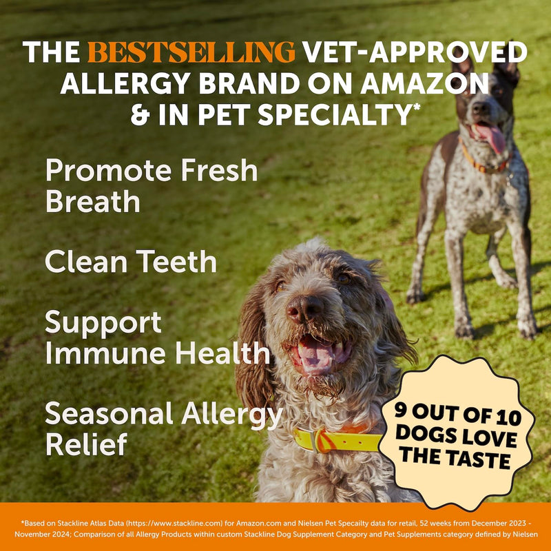 Dog Allergy Relief Dental Sticks - Seasonal Allergies + Itchy Skin Support Chews - Plaque and Tartar Remover for Dogs Teeth Cleaning Treats with Colostrum + Omega 3 - Pumpkin Peanut Butter (30 Ct)