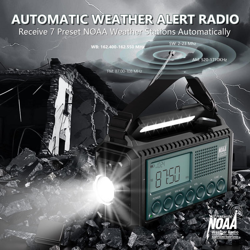 NOAA Emergency Weather Radio with Auto Alerts, 5000mAh Solar Hand Crank AM/FM/SW Shortwave Radio with Flashlight, Reading Lamp, Phone Charger, SOS Alarm, Survival Gear, Time Clock & Large LCD Display Blue LCD 5000mAh