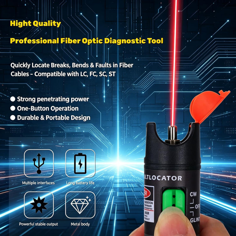 Visual Fault Locator, Fiber Optic Cable Tester Pen, VFL Red Light Tool with FC to LC Adapter & 2.5mm Universal Connector (Black, 30 KM) Black