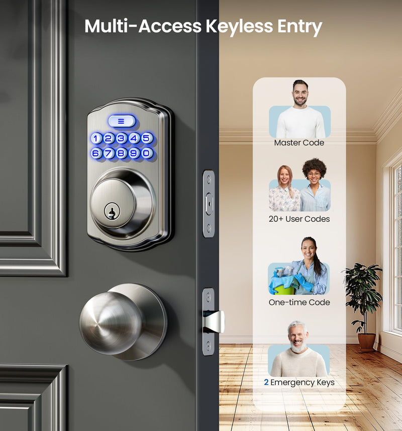 Veise Keyless Entry Door Lock with 2 Knobs, Electronic Backlit Keypad Deadbolt with Handle Set, Auto Lock, One-time Codes, Smart Deadbolt for Front Door, Easy Installation, Satin Nickel Knob