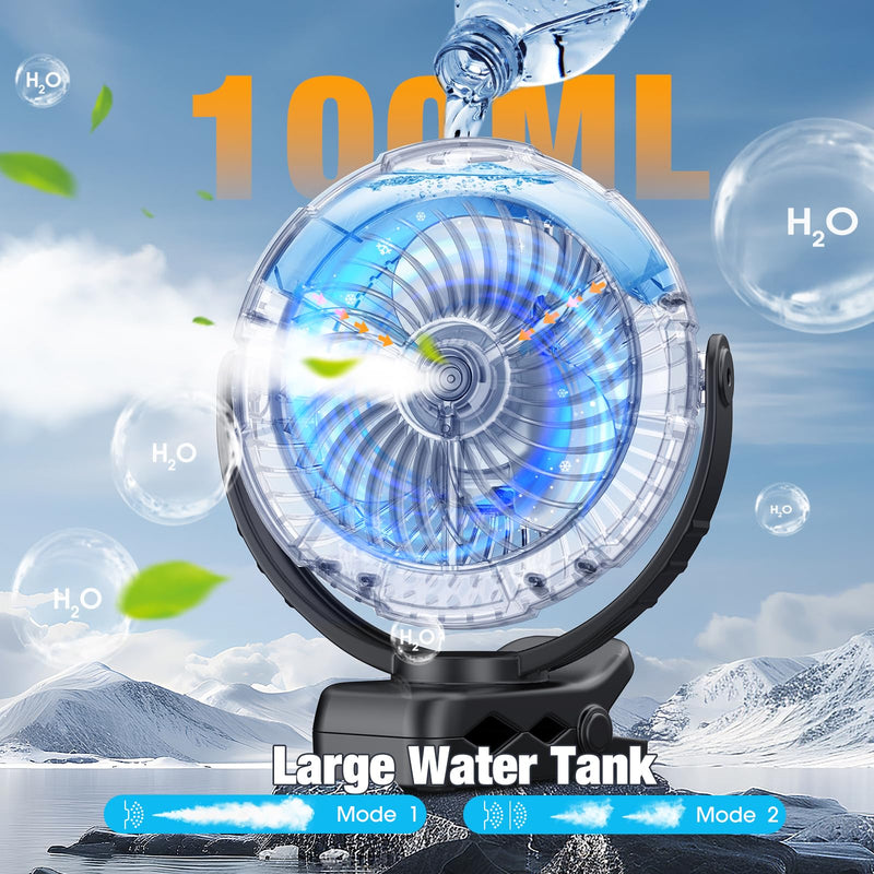 Ausic Portable Misting Clip on Fan, Golf Cart Fans, Max 45H Runtime, 100ml Camping Stroller Fan with LED, 360° Rotate Cooling Spray, Outdoor Rechargeable Battery Fans for Travel/Home/Beach Green