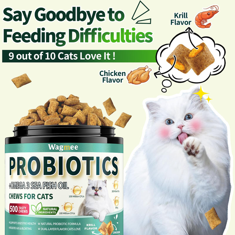 Cat Probiotics Tasty Chews –500 Chews Crunchy & Creamy Texture, Fish Oil Omega-3 Skin & Coat Health Digestive & Gut Support, Constipation Relief, Healthy Stool, Chicken Krill Flavor
