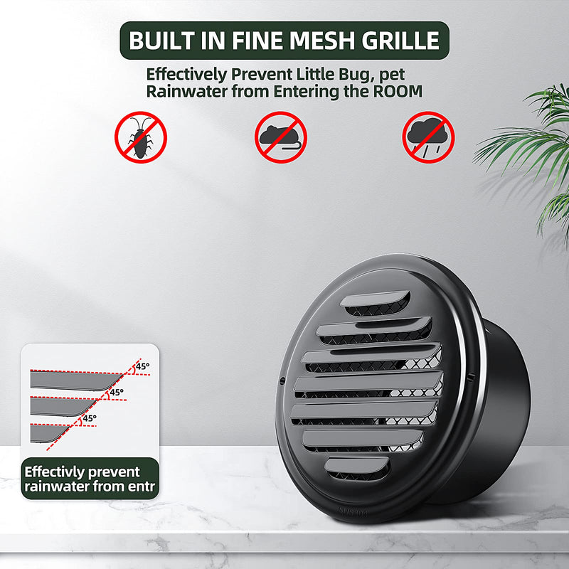 4inch 304 Stainless Steel Air Vents Cover, piiyoosnn Louvered Grille Cover Vent Flat Ducting Air Vent Wall Inlet with Built-in a Fly Screen Mesh for HVAC Ventilation 4-inch 100mm