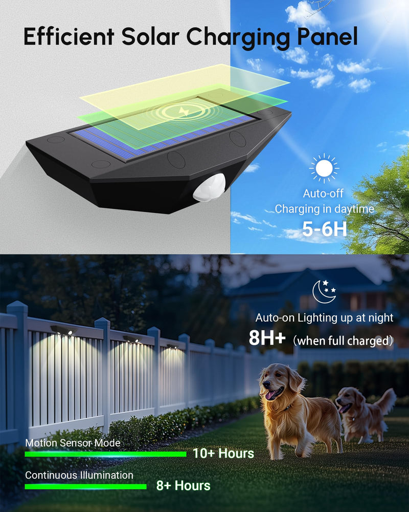 12 Pack Solar Fence Lights, Motion Sensor Outdoor Light with 3 Sided Lighting, 60 Lumens Fence Light Solar Powered, Solar Lights Outdoor Waterproof with 3000K/7000K Mode for Patio, Backyard, Fence 12 Pack Black