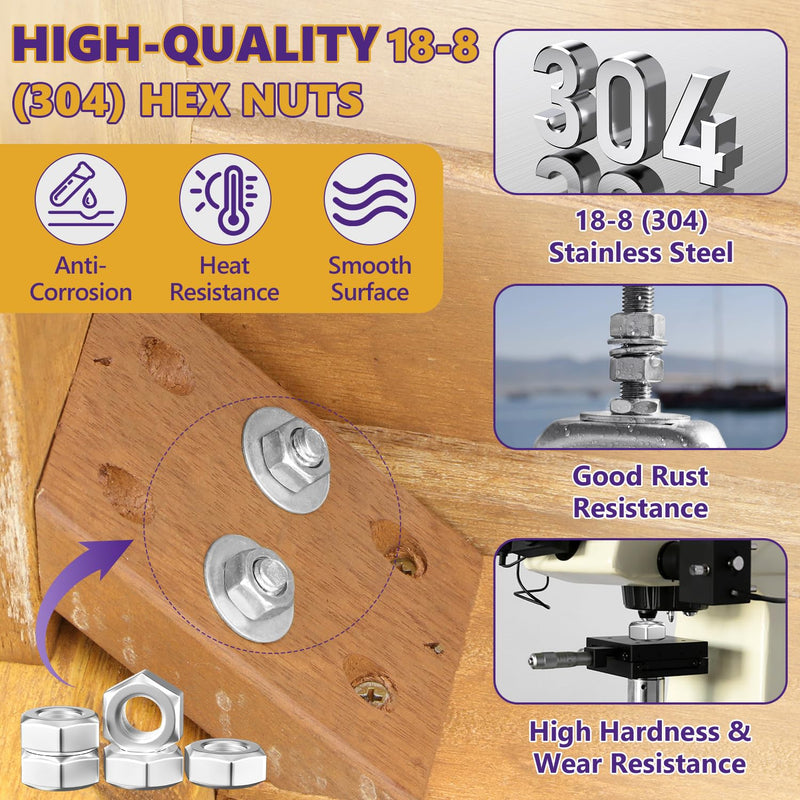 M3 Hex Nuts, 300Pcs Hardware Nuts, Metal Nuts, Steel Nut, (18-8) 304 Stainless Steel Metric Nuts Set, Assorted Hardware Nuts Sets for Bolt for Furniture, Automotive, Industry and Construction M3 300