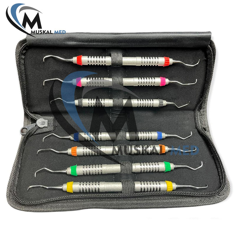 Set of 7 Gracey Dental Periodontal Curettes 1/2-13/14 Double Ended Special Handle Stainless Steel Dental Instruments with Carrying Case Kit 2304