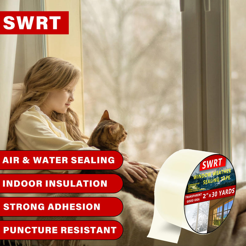 SWRT 2”x30yd/90ft Transparent Window Weather Sealing Tape, No Residue Window Insulation for Winter, Preventing Cold Air Loss in Summer Door and Window Seal Kit 2IN X 30YD