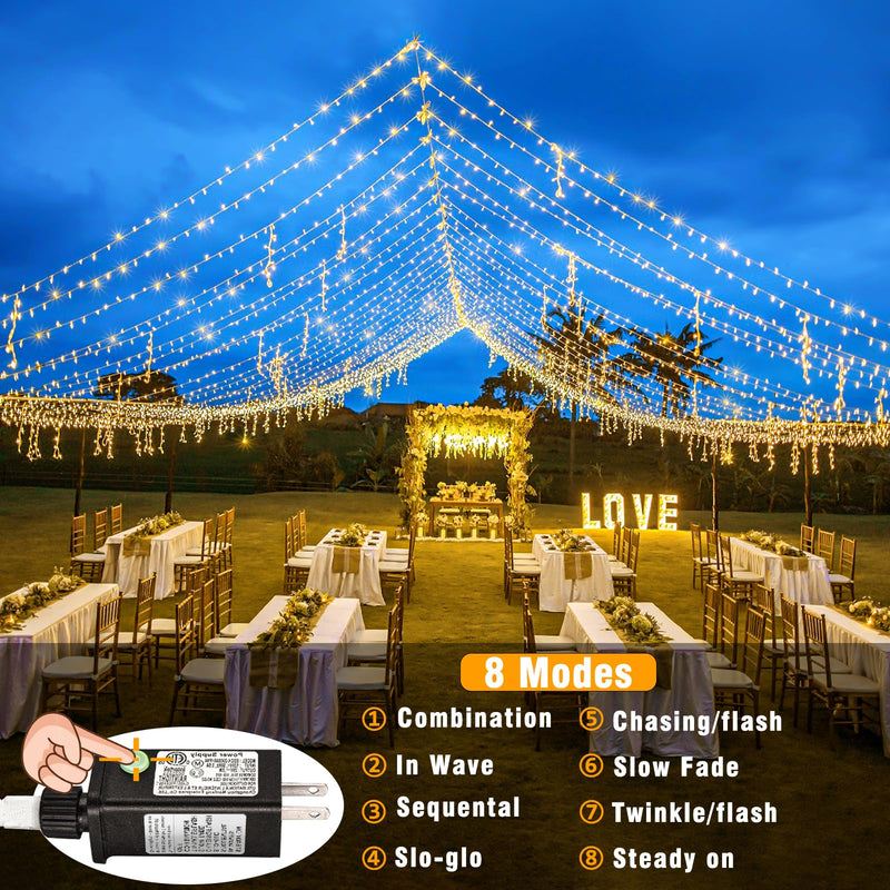 Christmas Lights Outdoor, 66ft 200 LED String Lights Indoor Clear Wire, 8 Modes Warm White Christmas Lights for Outside House, Plug in Waterproof Twinkle Lights for Tree Bedroom Holiday Decorations 200LED