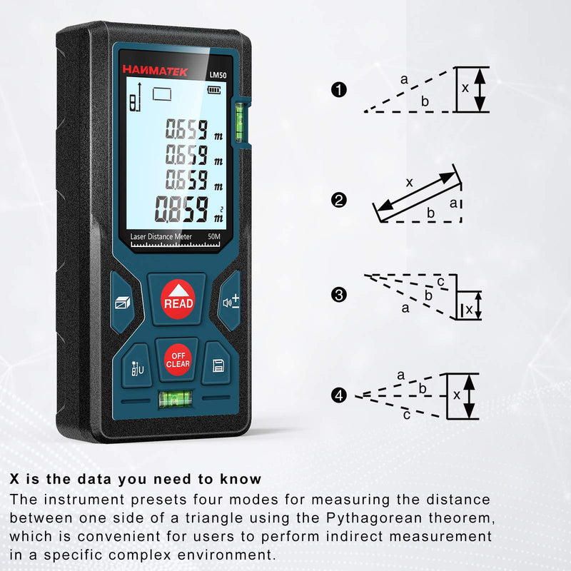 165ft/50m Laser Measure Ft/in/M Switching LM50 Laser Measurement Tool Devices with 2 Bubble Levels Distance Meter,Large Backlit LCD 165FT