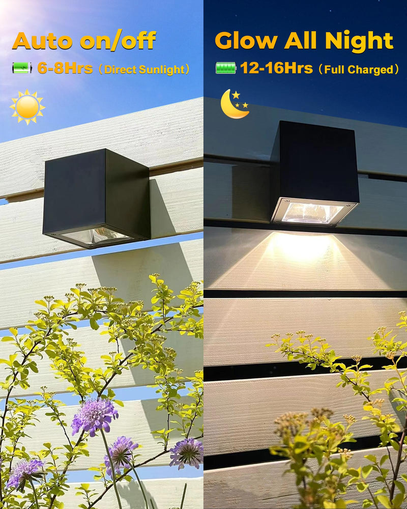 LUHLEE Solar Wall Lights Outdoor,Square Modern Solar Wall Sconce Lights, IP65 Waterproof Solar Fence Lights, Solar Outdoor Lights for House Wall,Porch,Garden,Yard, Patio,Fence Decor Black