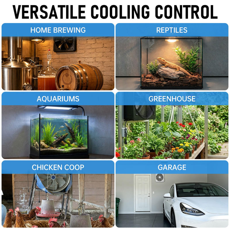 Digital Cooling Thermostat Outlet, 120V Plug-in Temperature Controller for Attic Fan and Exhaust Fan, Precise Temperature Control, 0–10H Timer, Forced Cooling