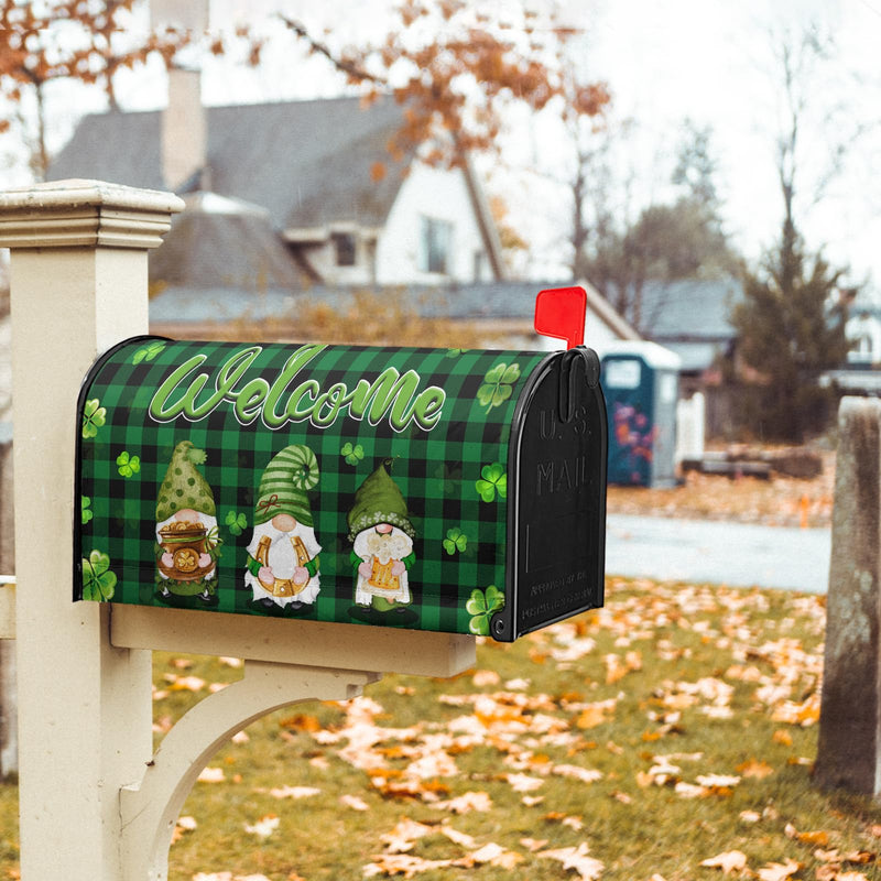 St Patricks Day Gnomes Mailbox Covers Magnetic Green Buffalo Plaid Checkered Magnetic Mailbox Covers Standard Size 18"X21" Welcome St.Patrick's Day Mailbox Cover Post Wraps for Outside Decoration 18x21 Inch style St Patricks Day Gnome Style