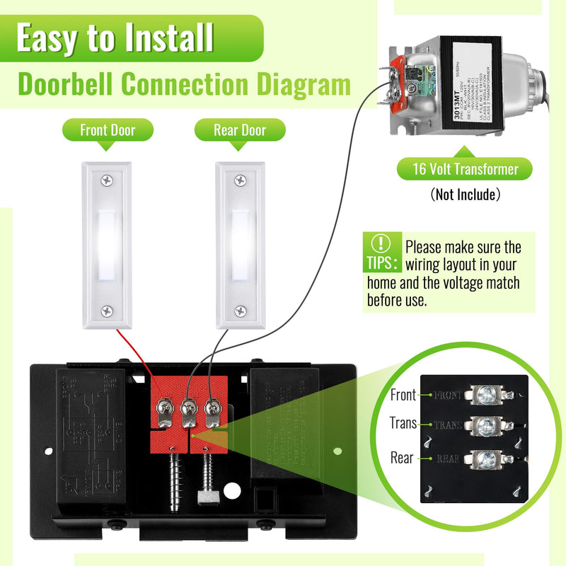 Saillong Wired Doorbell Chime Kit, 2 16V 10VA Lighted Doorbell Push Buttons with 2 Notes for Front, Rear Door and Doorbell Chime Box for Home Wall Inside, Compatible with Most Doorbells (Strip Style) Strip Style