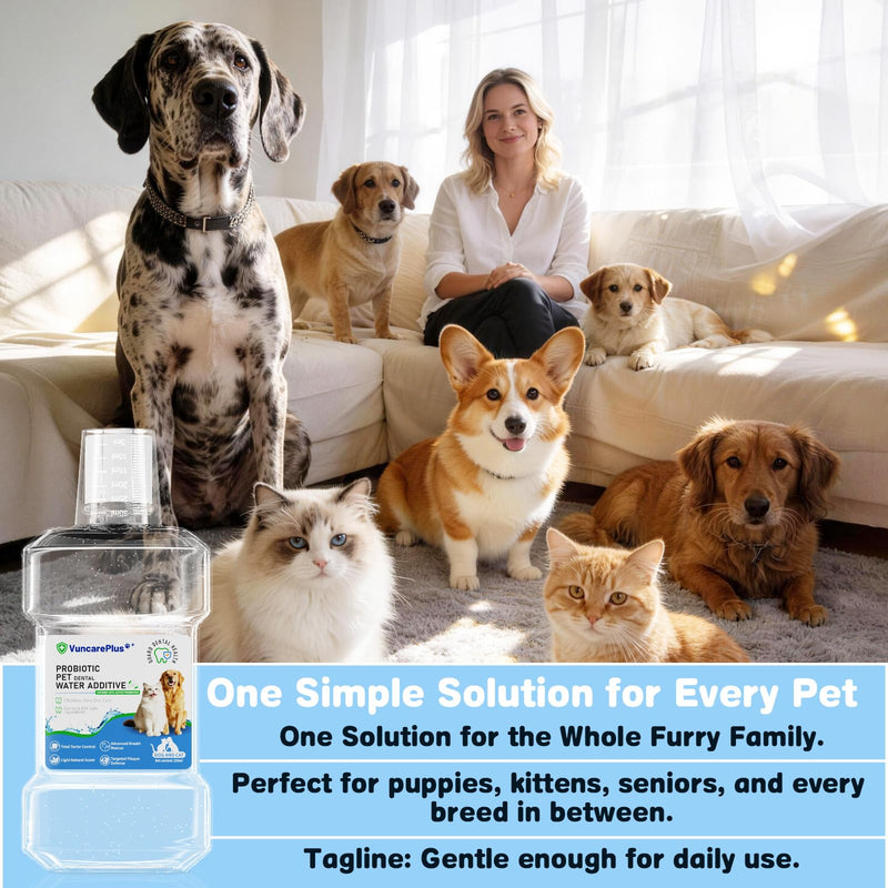Probiotic Pet Dental Water Additive for Dogs & Cats, 8.5 oz Dog Cat Oral Care Solution, Dental Care Supplement, Fights Plaque Tartar Bad Breath, No Brushing Water Additive