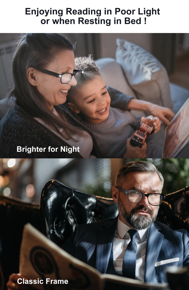 OKH Lighted Rechargeable Reading Glasses - Clear Vision Hands Free LED Eyewear with Blue Light Readers Black 1.5 x