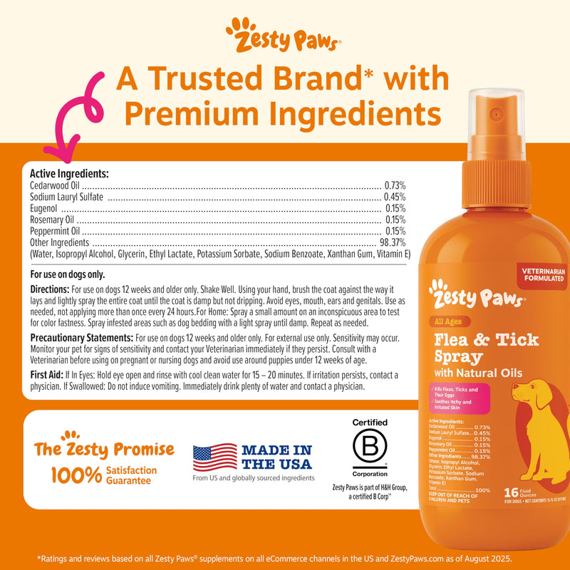 Zesty Paws Flea and Tick Spray for Dogs - Kill Fleas, Ticks & Their Eggs - Veterinarian Formulated - Soothes Itchy & Irritated Dog Skin - Cedarwood Oil, Rosemary Oil & Peppermint Oil Flea & Tick Spray
