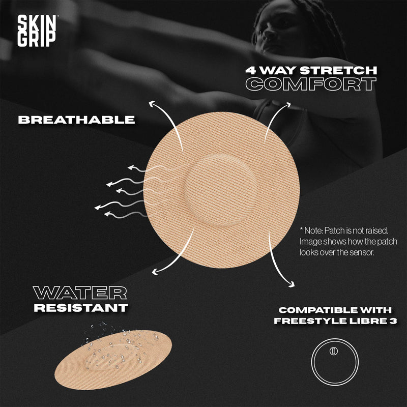 Skin Grip Freestyle Libre 3 Sensor Covers- Waterproof & Sweatproof Adhesive Patches for 10-15 Days (Not for Libre2), Pre-Cut Continuous Glucose Monitor Diabetic Sensors Cover - 20 Pack, Tan