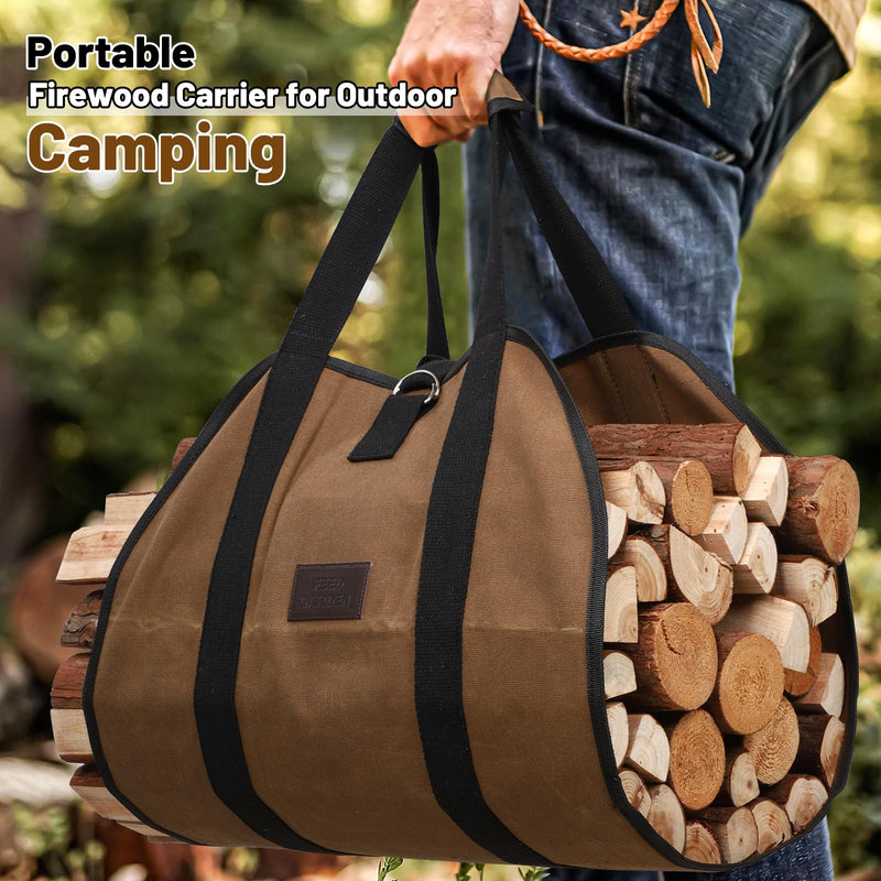 FEED GARDEN Firewood Carrier Bag Heavy Duty Waxed Canvas Log Carrier for Firewood Large Log Tote Fire Wood Carrying Bag with Handles for Easy Transport Carrying and Wood Stove Accessories Brown