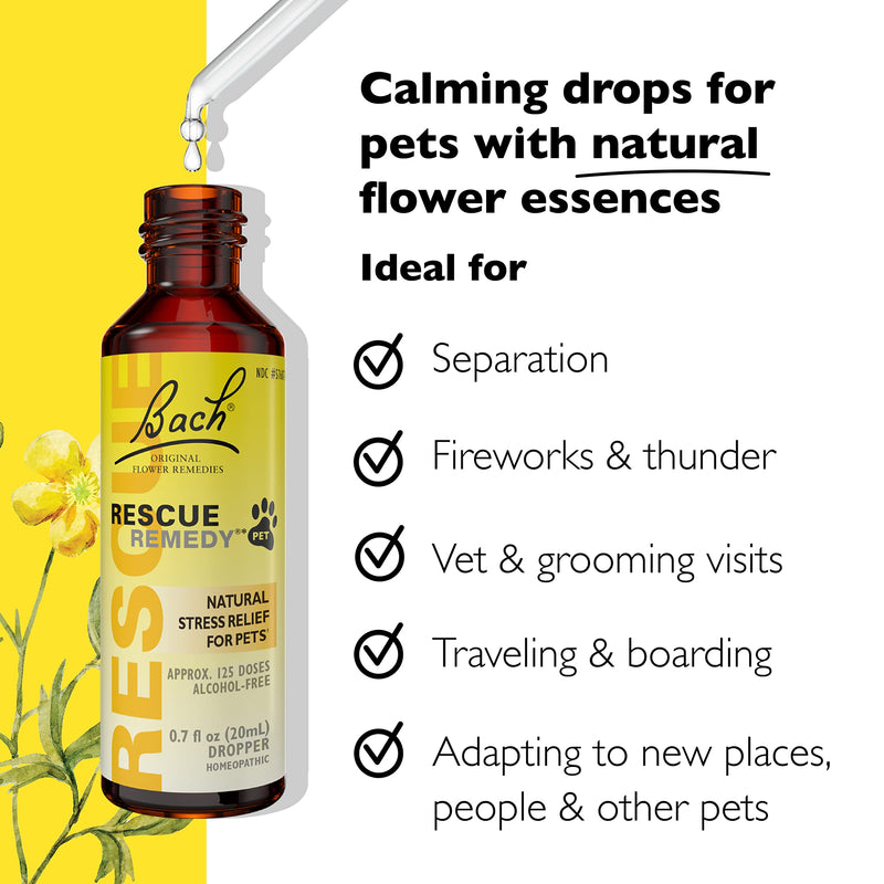 Bach RESCUE Remedy PET Dropper 20mL, Natural Stress Relief, Calming for Dogs, Cats, & Other Pets, Homeopathic Flower Essence, Thunder, Fireworks & Travel, Separation, Sedative-Free, 2-Pack - PawsPlanet Australia