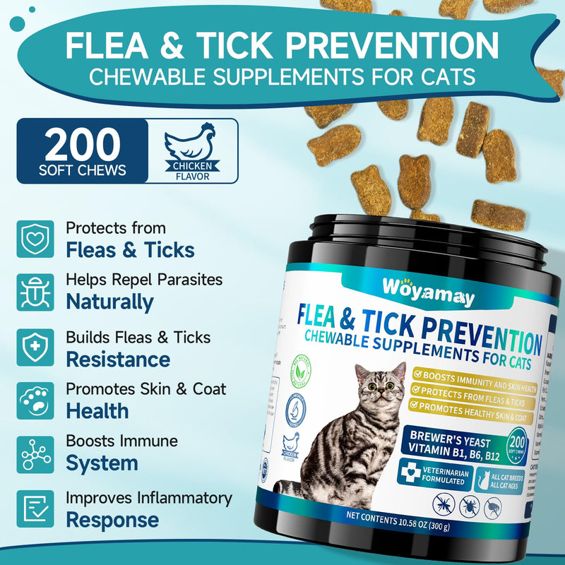 Woyamay Cat Flea Care Bundle – Flea Prevention Soft Chews + Flea & Itch Relief Crunchy Chews, Skin, Coat, Gut & Immune Support, Daily Oral Flea Treatment for Cats