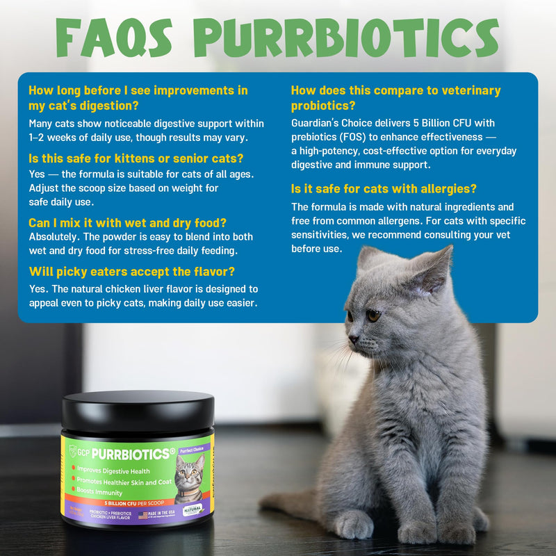 Guardian’s Choice Purrbiotics, Cat Probiotic Powder for Digestive & Immune Support, 5 Billion CFU with Prebiotics & Fiber, Shelf-Stable Probiotics for Cats, Chicken Flavor Cat Probiotics, 120 Servings