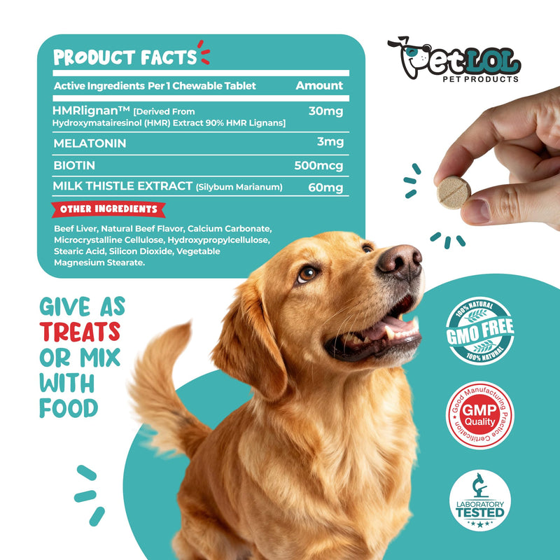 HMR Lignan + Melatonin + Biotin + Milk Thistle for Dogs | 4-in-1 Formula | Adrenal Support & Normal Cortisol Levels | Skin, Coat, & Digestive Health | 90 Chewable Tablets | Natural Beef Flavor