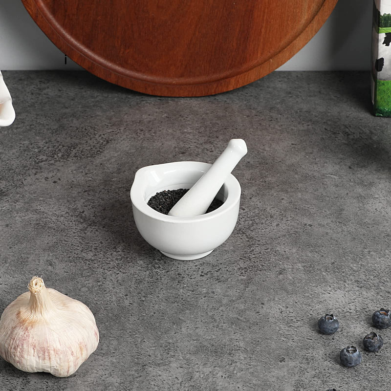 ONTUBE Mortar and Pestle Set, Ceramic Stoneware Spice Herb Grinder Pill Crusher Set (3.2 Inch) White