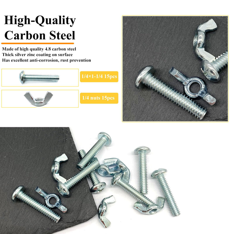 30Pack 1/4"-20 x1-1/4" Screw Bolts and Wing Nut Kit 15pcs Machine Screws with Round Head Phillips 15pcs Butterfly Hand Twist Tighten Nut Zinc Plated Hardware Fitting Fastenings Assortment Kit 30 Pack 1/4"-20 x1-1/4"