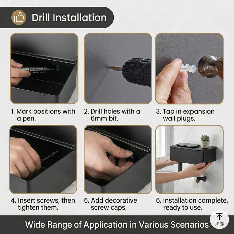 Black Toilet Paper Holder with Storage, Wall Mount Bathroom Tissue & Wipes Holder with Shelf, 2 Installation Methods (No-Drill/Drill), Includes Installation Instructions