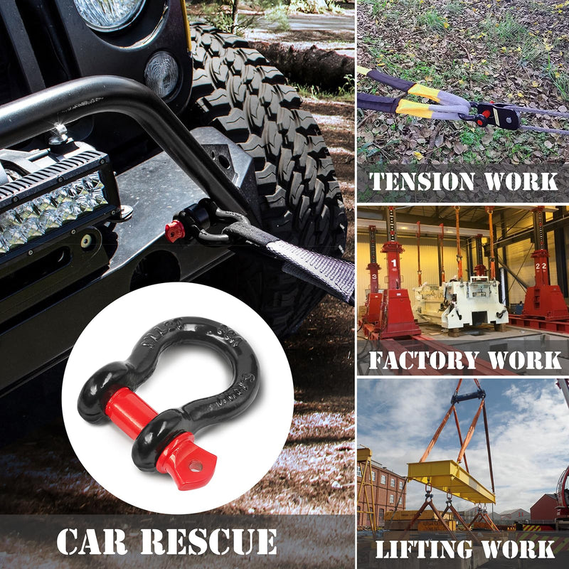 2 Pcs Shackles 1/2" D Ring Shackle 12 Ton (26,455 lbs) Maximum Break Strength with 5/8" Pin for Tow Strap Winch Off Road Vehicle Recovery 1/2 Inch Black & Red 2