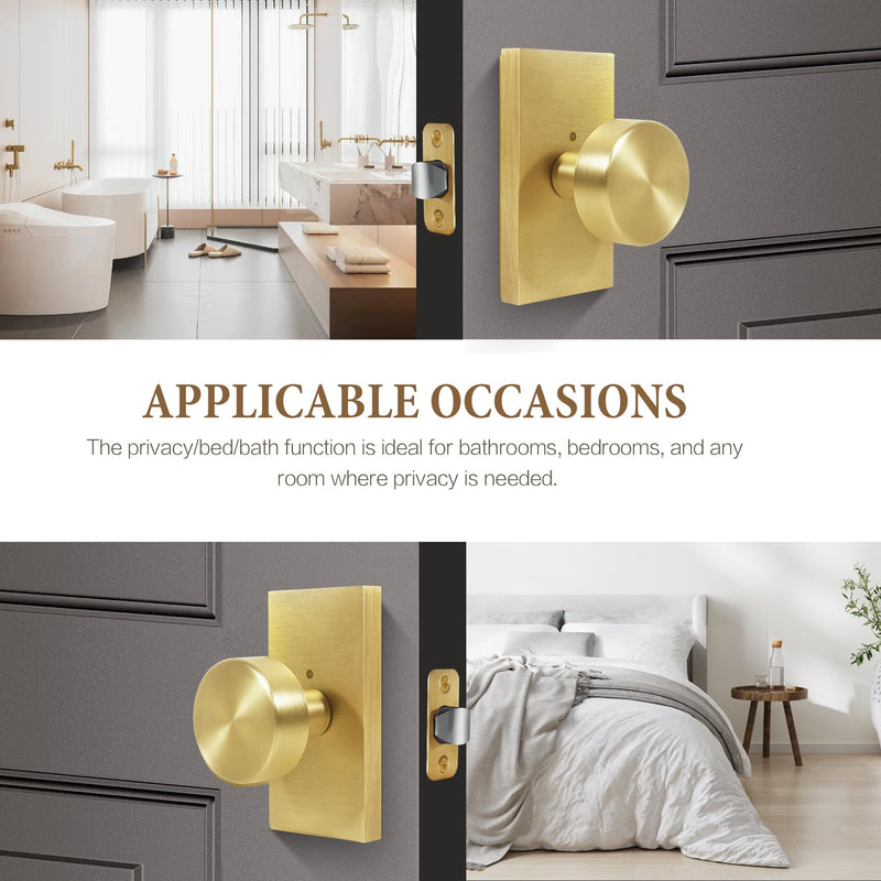 Satin Brass Zinc Alloy Privacy Door Knob with Lock, Heavy-Duty Round Handle with Rectangle Frame, Bedroom Bathroom Interior Quick Installation Lock Set, 1 Pack Satin Brass