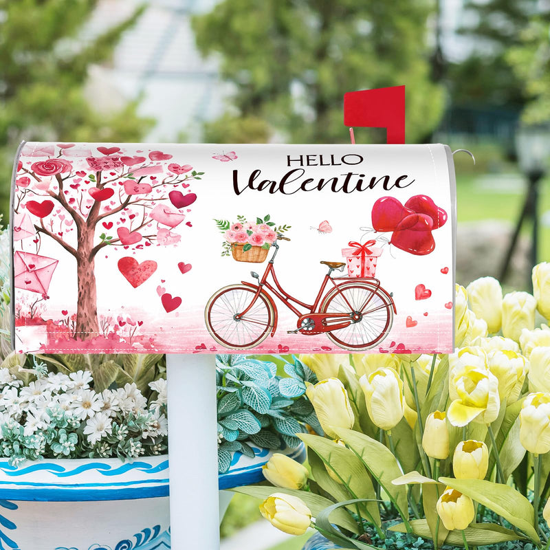 Tiamon Valentines Magnetic Mailbox Cover Valentine's Day Heart Post Box Cover Wraps Valentines Mailbox Covers Standard Size 18 x 21 Inch for Outdoor Yard Home Garden Decorations(Love Tree and Bike) Love Tree and Bike