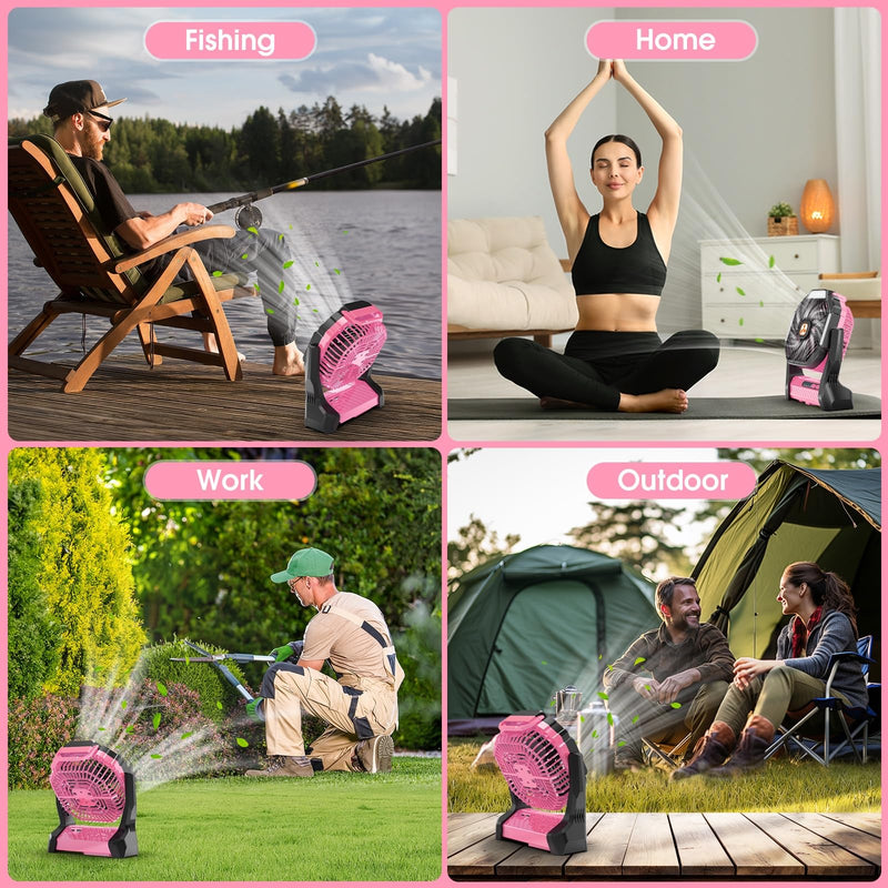 Portable Rechargeable Fan, 20000mAh Cordless Battery Powered Camping Tent Fans with SOS & LED Lantern, Small USB C Operated Outdoor Ventiladores for Travel Camp Fishing Office Home Essentials L Pink