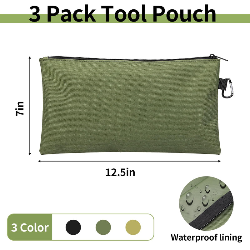Tool Bag Zipper Pouch, Premium Tool Pouch, Utility Multipurpose Storage Organizer Tool Pouches with Carabiner Metal Zipper for Tools 3 Pack, Tan, Navy Green, Black