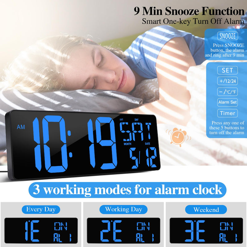 Large Digital Wall Clock with Remote Control 17.2" LED Large Display Timer with Temperature Date Week Auto DST Adjustable Brightness, Big Wall Alarm Clock for Living Room Office Garage Gym Seniors 17.2in Blue