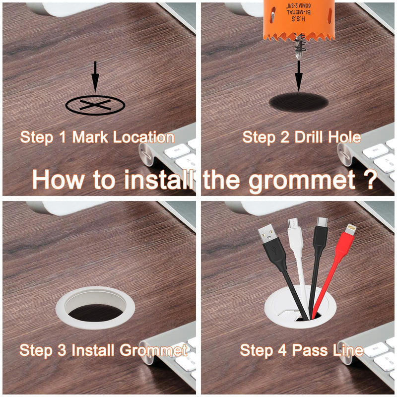 Desk Grommet 2-3/8 inch with Hole Saw, Desk Cord Hole Cover Grommet for Cables, 2 PCS, White