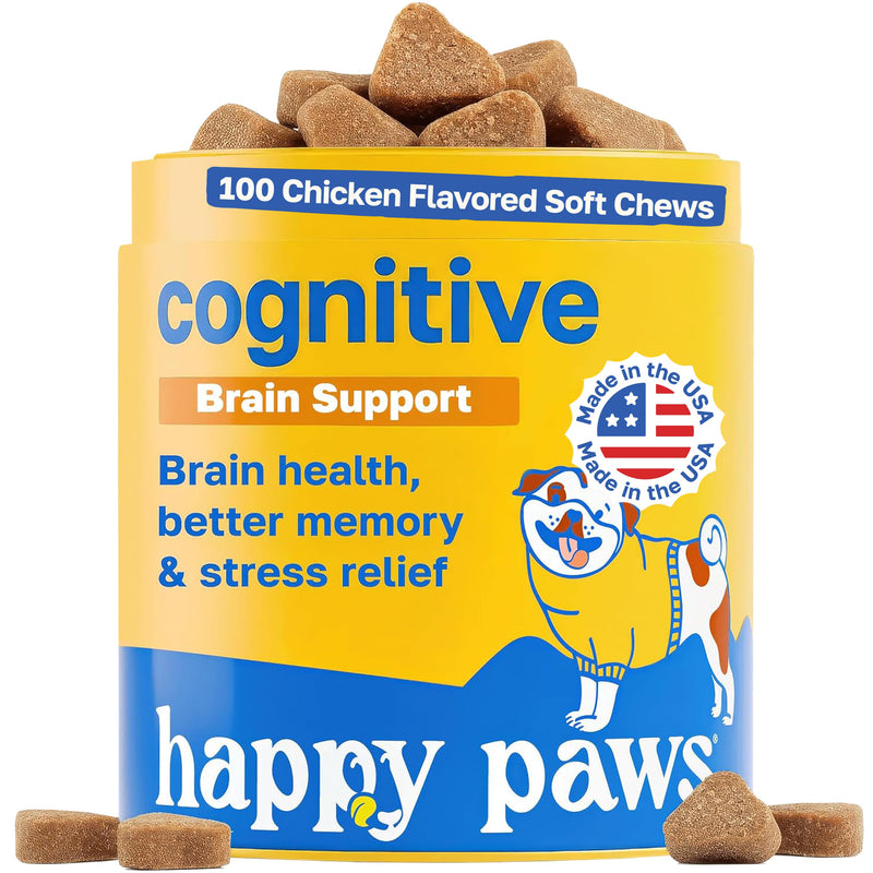 Happy Paws Cognitive Taurine Supplement for Dogs, Soft Chews with Spirulina, CoQ10 & Vitamins B1, B3, B12, Senior Dog Vitamins that Support Cognitive Function, Memory and Focus, 100 Count