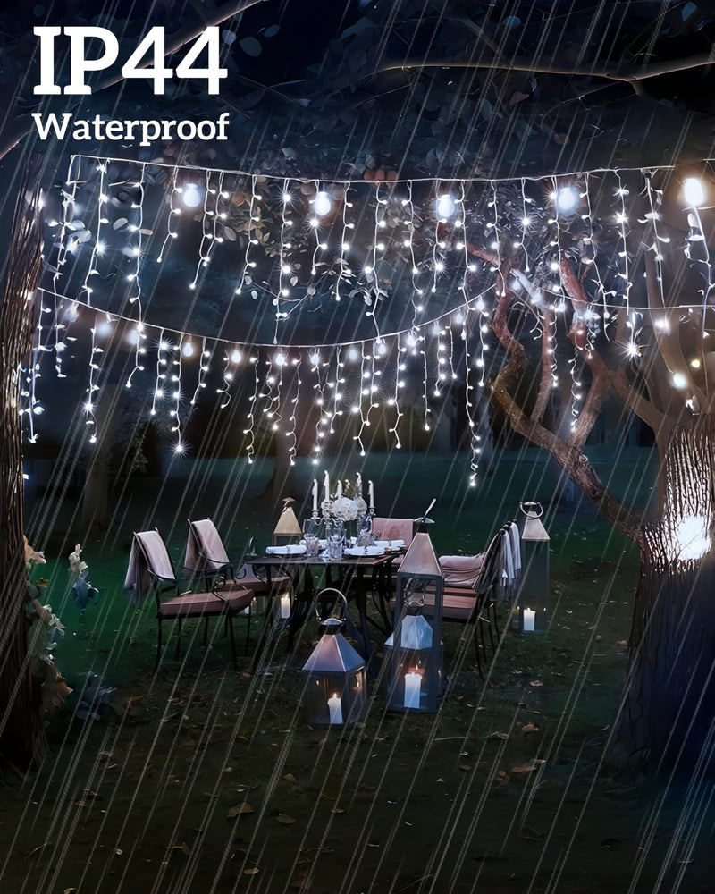 Solar Christmas Lights Outdoor 640LED 16Ft+60Ft, Solar Icicle Lights Waterproof with 13 Modes Rechargeable for Outside Roof Fence Christmas Decorations (Cool White) Cool White