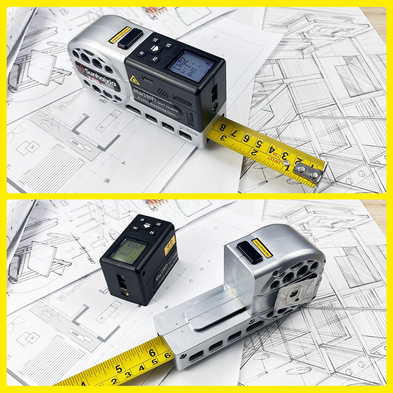 5 in 1 Laser Tape Measure with Level | 196ft/60M Laser Distance Meter Display On Backlit LCD Screen with 16ft/5m AutoLock Measuring Tape | Ft/Inch/Fractions/M/mm (Sliver 5in1 Laser)