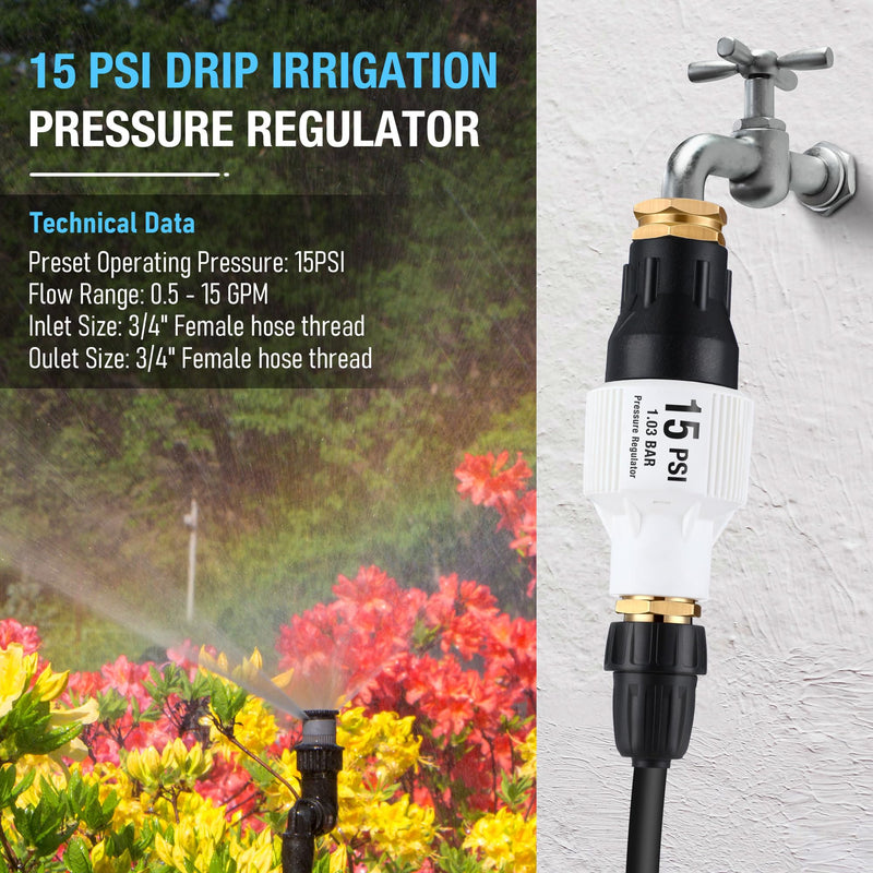 2 Pack Drip Irrigation Pressure Regulator Kit, Water Backflow Preventer for 3/4'' Garden/Faucet Hose Thread and 1/2'' Drip Irrigation Tubing Adapter, Complete Drip Irrigation System (15 Psi) 15 Psi 2