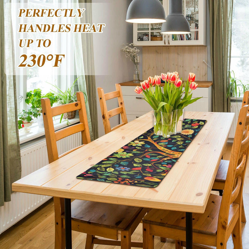 2 in 1 Heat Resistant Table Runner Trivet for Hot Pots and Pans 39 x 12 Inch Long Hot Pad Decorative Table Protector for Kitchen Countertop Tree of Life Floral Leaves Tree of Life Floral Leaves Black