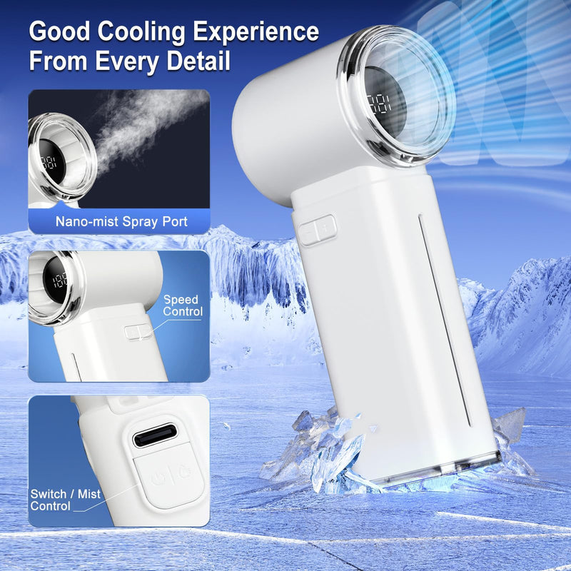 Portable Handheld Fan, Powerful Mini Hand Held Fan, 5000mAh Rechargeable, Digital Display, 1-199 Speeds Adjustable, Personal Fan for Travel Outdoor Camping Home Makeup Commuting, Gifts for Women Men White
