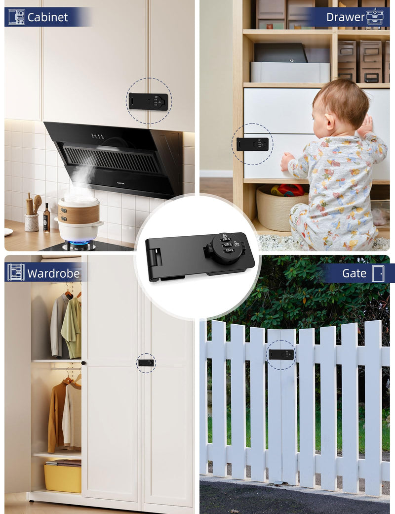 Keyless Cabinet Combination Lock, 3-Digit Password Twist Knob Hasp Latch for Doors, Cabinets, Drawers, Barn Door, Bathroom, Outdoor, Closet, Fence, Durable Zinc Alloy, (Black, 1 Pack) Black